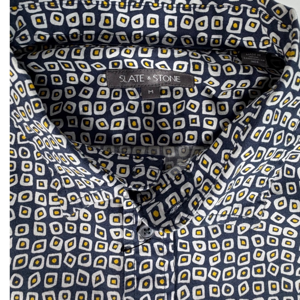 Slate & Stone Mens Geometric Square Print Short Sleeve Button Down Shirt Navy M - Picture 3 of 7